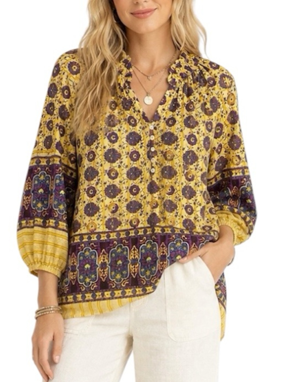 NWOT Sundance Angelou Marigold/Plum Bohemian Print Lightweight Peasant Blouse L